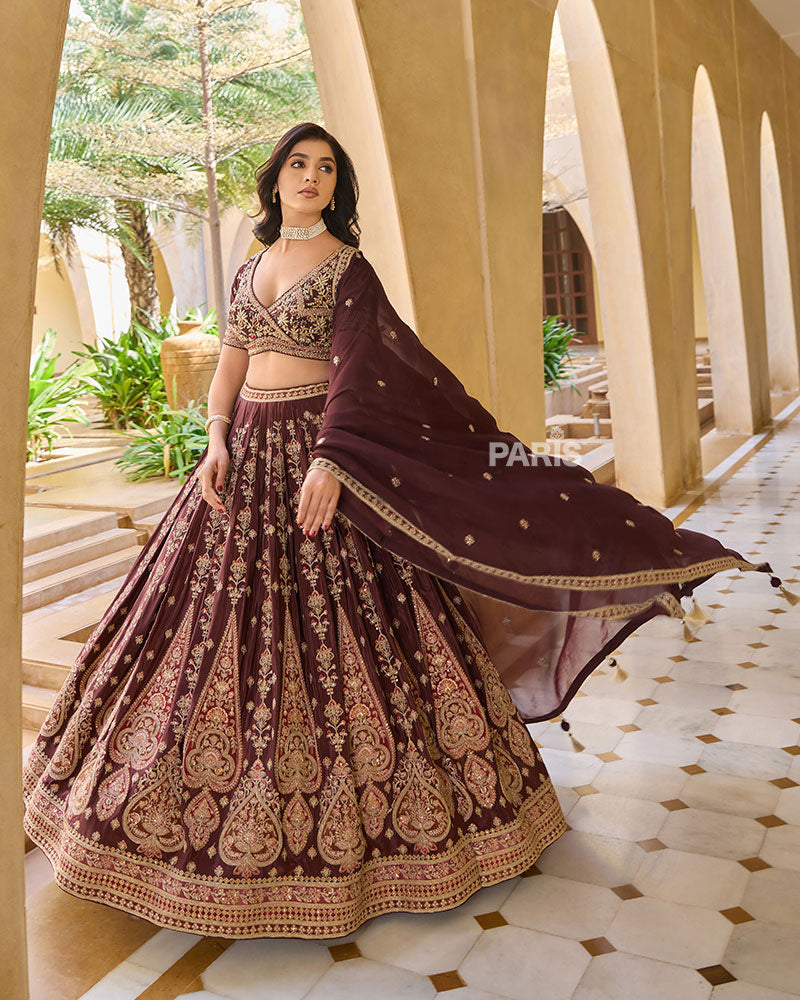 Maroon Golden Detailing Embroidered Lehenga Choli with Matching Dupatta