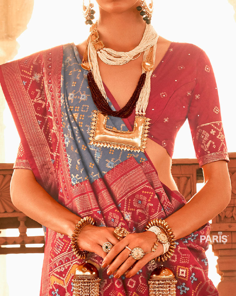 Grey Ikat Printed and Red Contrast Border Patola Silk Saree with Unstitched Blouse