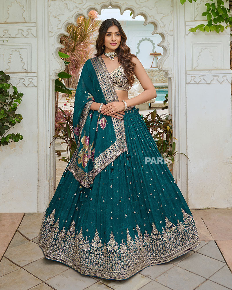 Turquoise Lehenga Choli with Intricate Embroidered Zari Buti