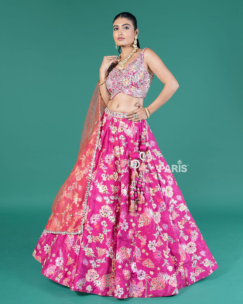 Magenta Mirror Embellished Lehenga Choli with Orange Dupatta