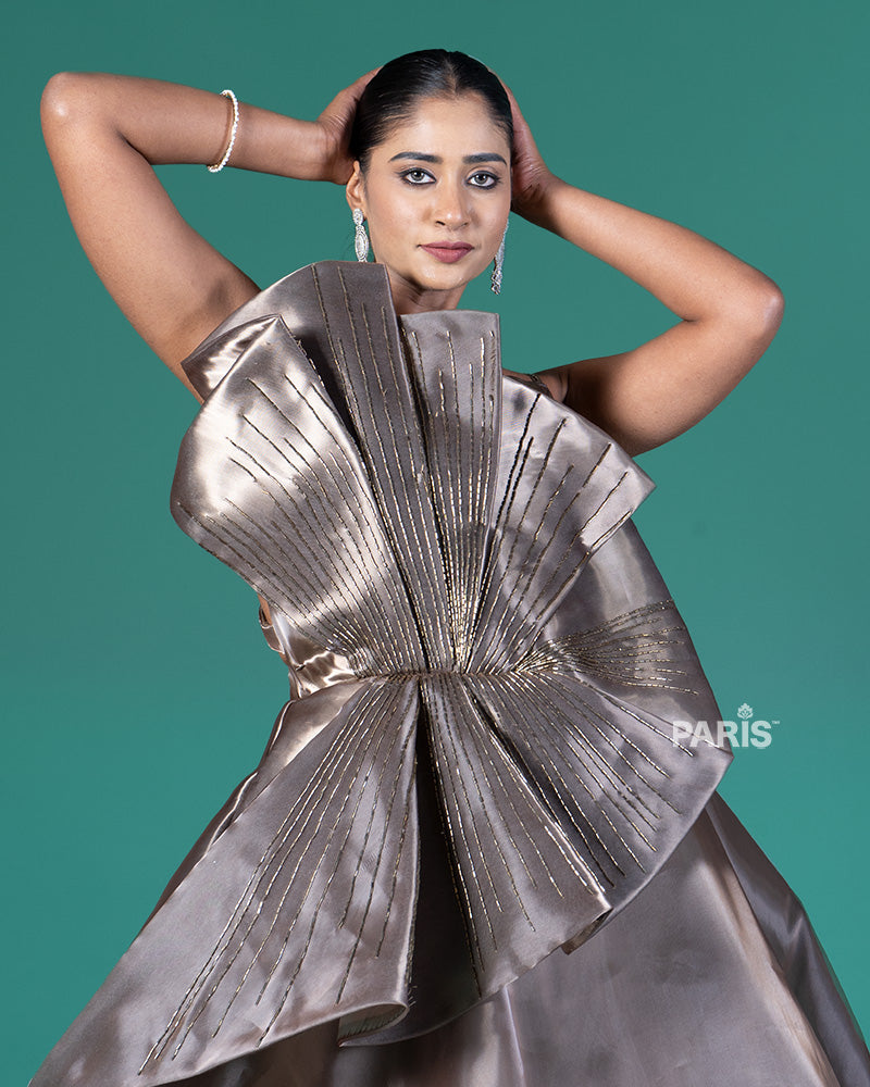 Taupe Embellished Bow Party Wear Gown