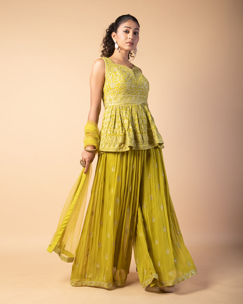 Avocado Green Floral Embroidered Georgette Gharara Suit