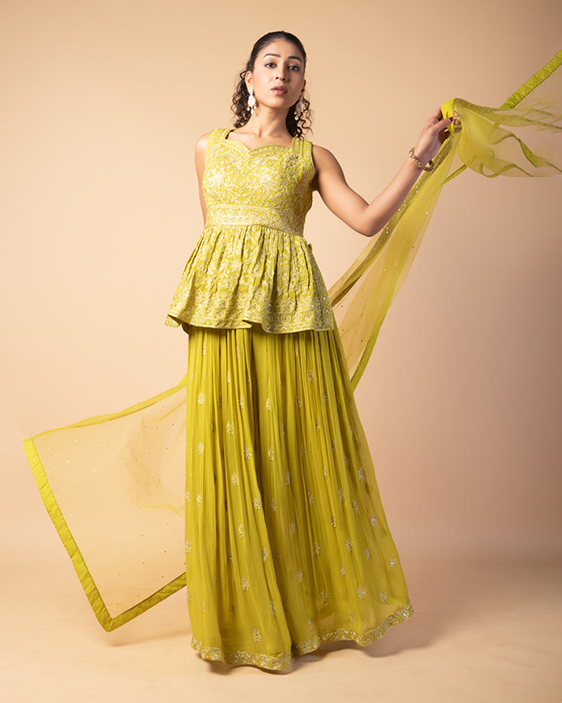 Avocado Green Floral Embroidered Georgette Gharara Suit