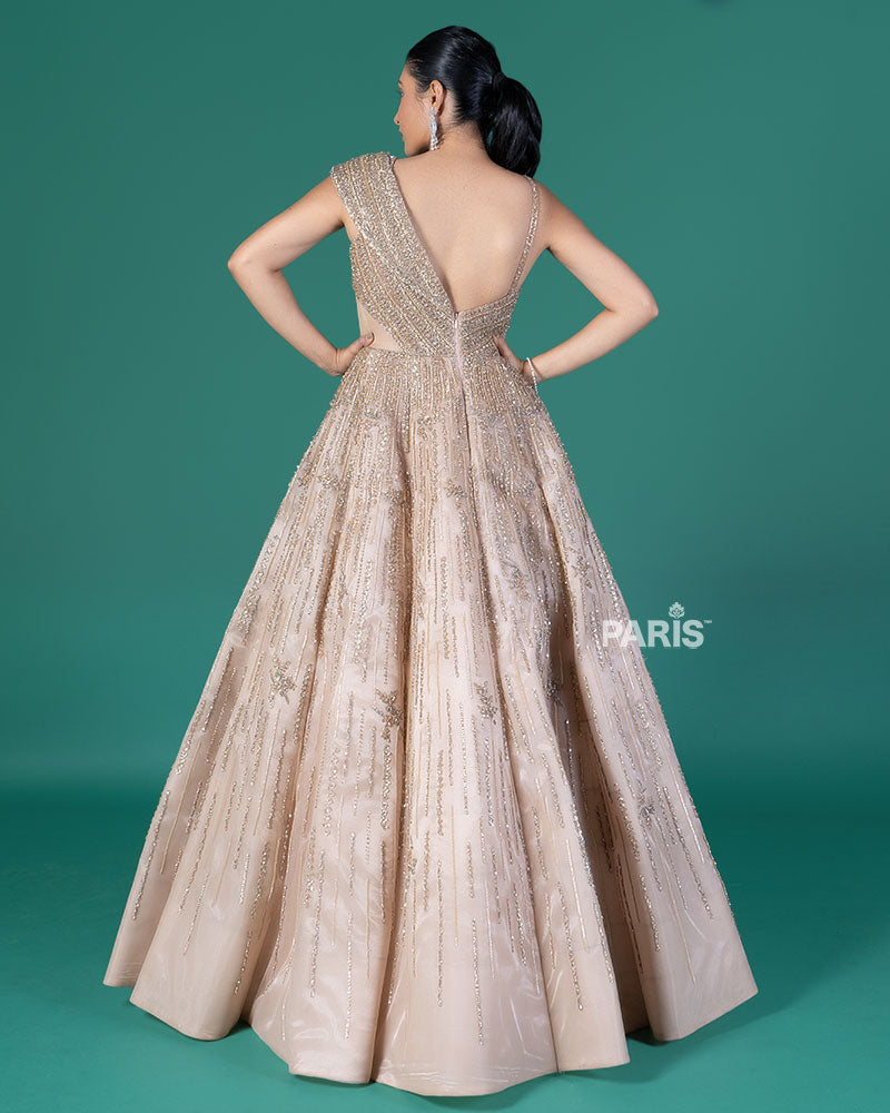 Golden One-Shoulder Embellished Party Wear Gown