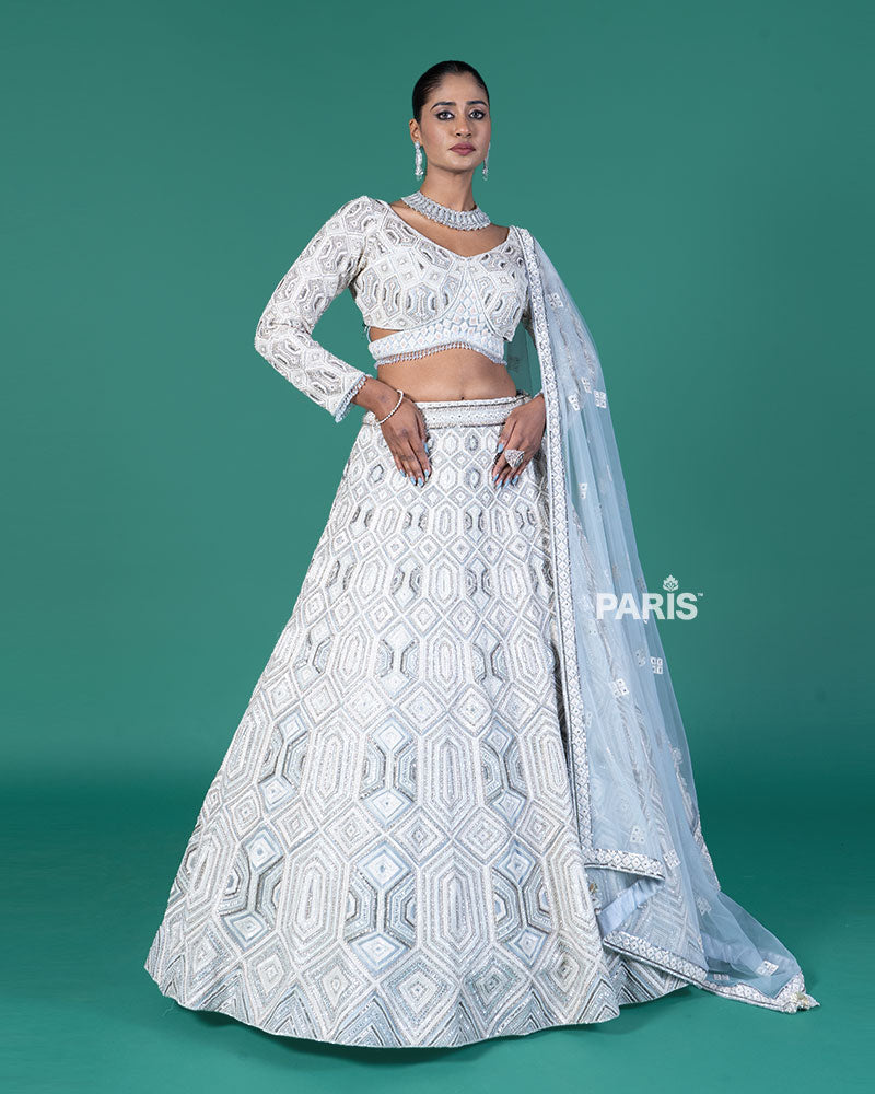 Grey Silver Lehenga and Embroidered Gray Choli with Matching Dupatta