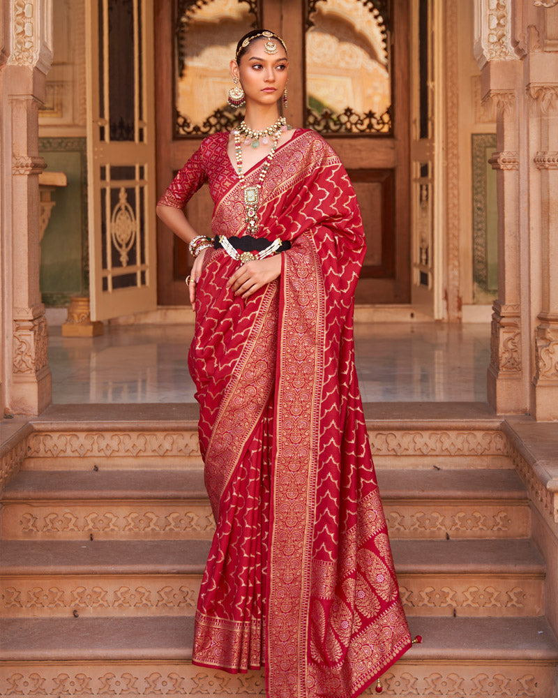 Cardinal Red Foil Printed Silk Saree With Unstitched Blouse