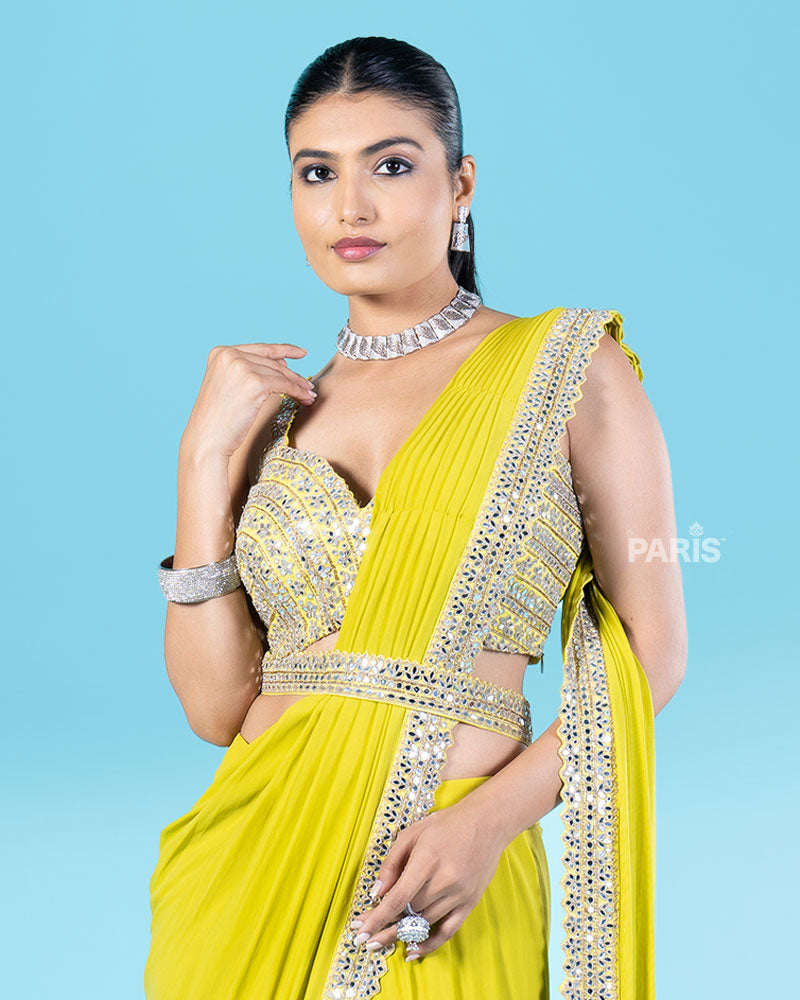Lime Yellow Ready-to-Wear Saree with Mirror Embellished Blouse and Belt