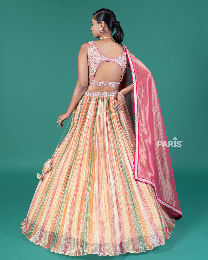 Multicolored Stripes Lehenga Pale Rose Choli with Dupatta