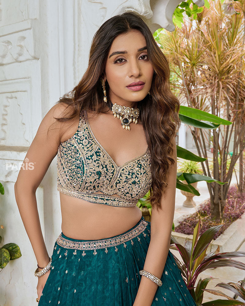 Turquoise Lehenga Choli with Intricate Embroidered Zari Buti