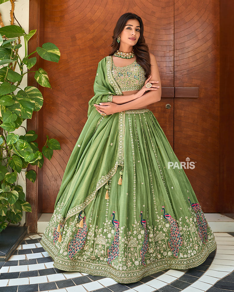 Olive Green Peacock Embroidered Lehenga Choli with Dupatta