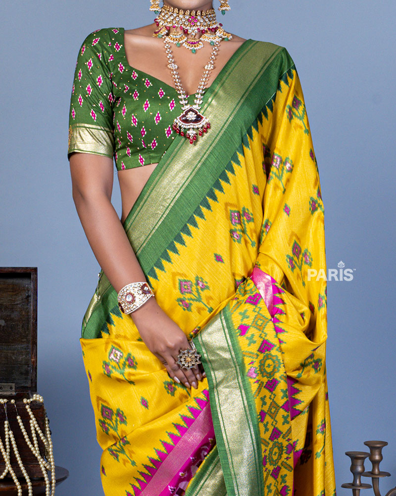 Yellow Patola Printed Viscose Silk Saree with Green Border and Unstitched Blouse