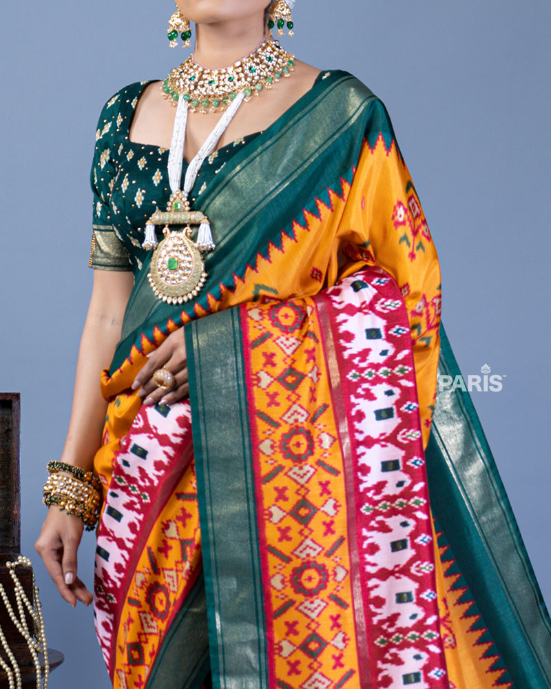 Mustard Yellow Patola Printed Viscose Silk Saree with Green Border and Unstitched Blouse