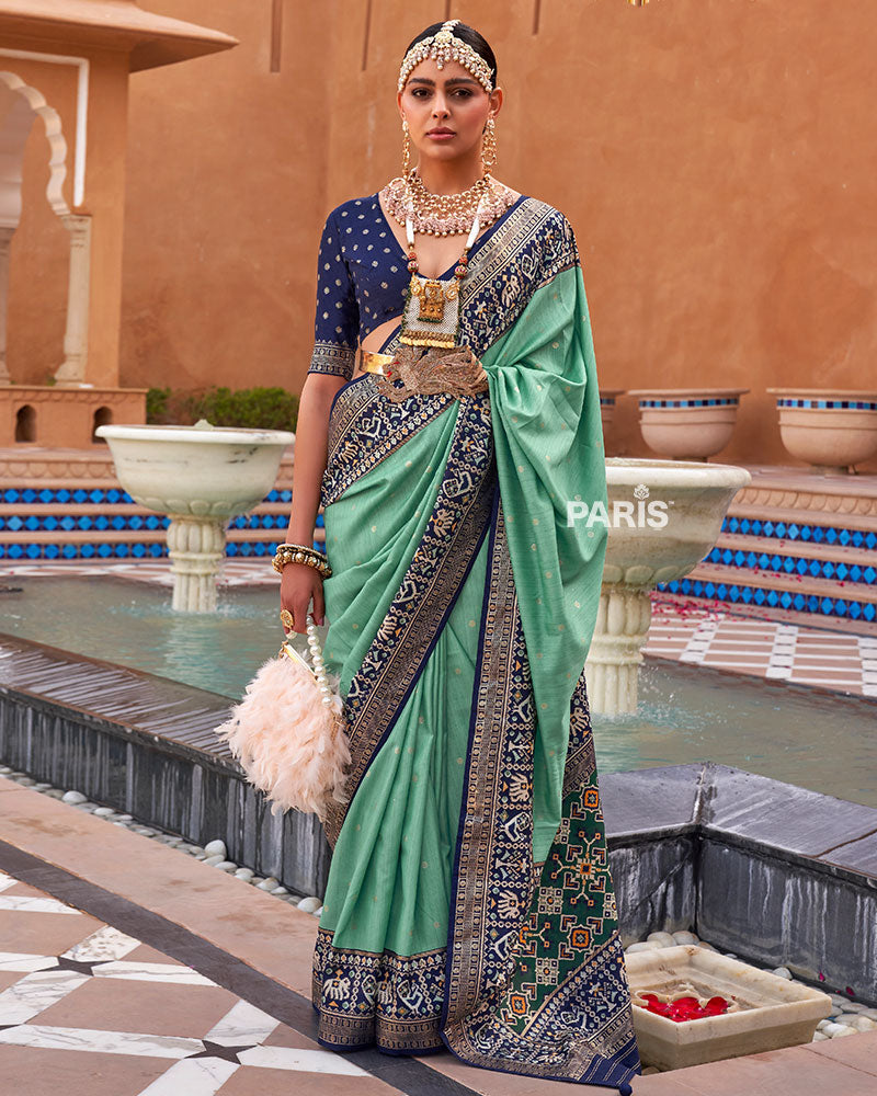 Turquoise Zari Weaving Blue Border Saree in Patola Silk with Unstitched Blouse
