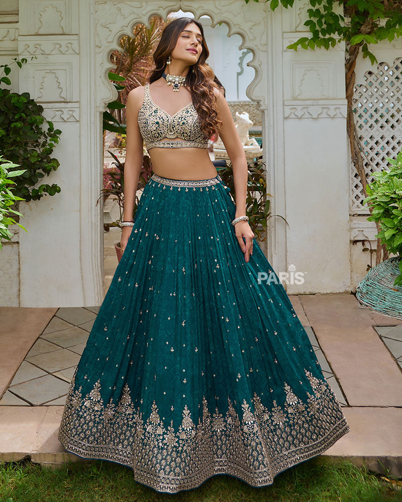 Turquoise Lehenga Choli with Intricate Embroidered Zari Buti