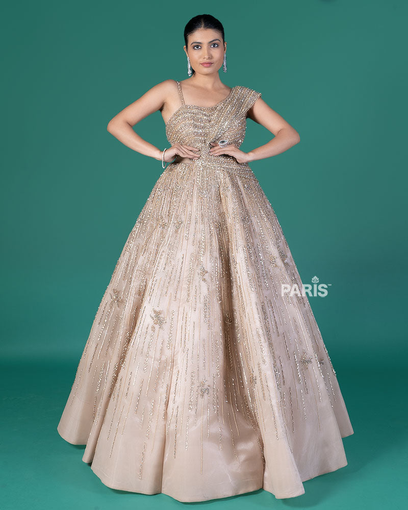 Golden One-Shoulder Embellished Party Wear Gown