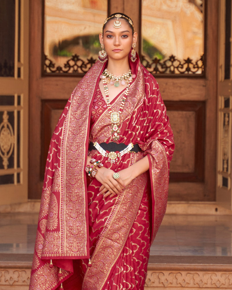 Cardinal Red Foil Printed Silk Saree With Unstitched Blouse