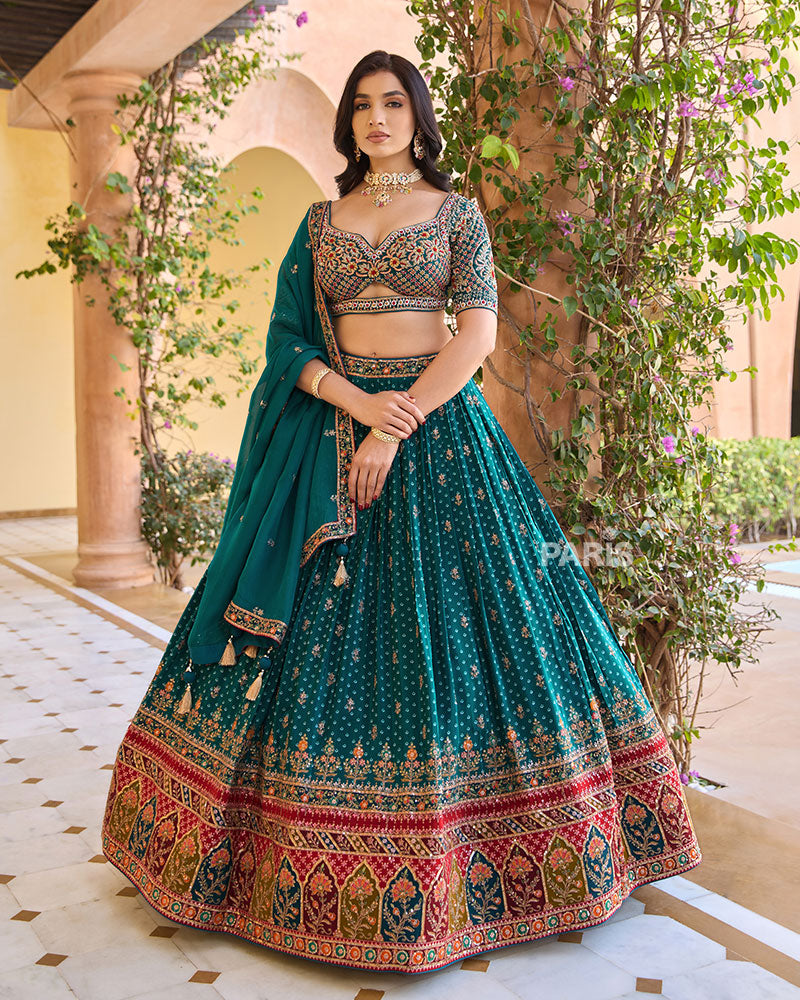 Teal Sequins Embroidered Lehenga Choli with Matching Dupatta