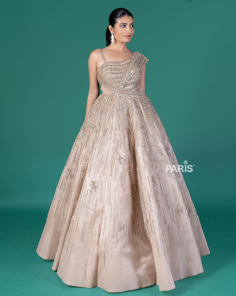 Golden One-Shoulder Embellished Party Wear Gown