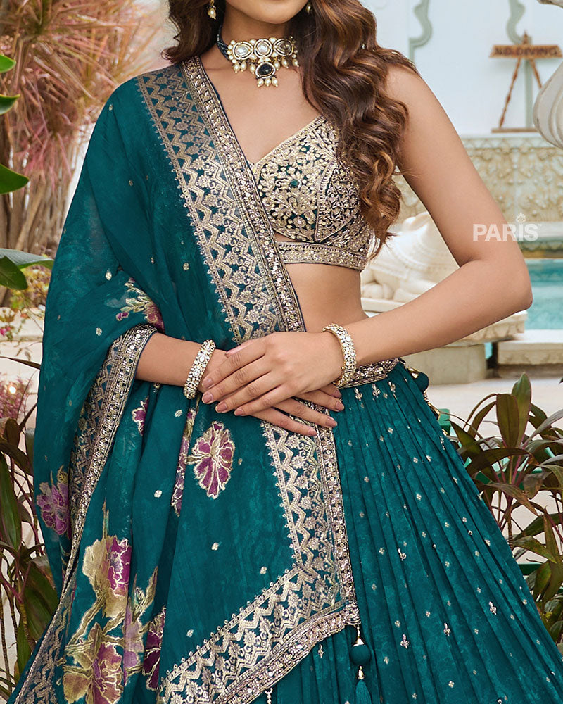 Turquoise Lehenga Choli with Intricate Embroidered Zari Buti