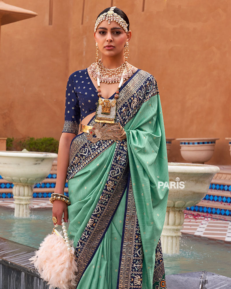 Turquoise Zari Weaving Blue Border Saree in Patola Silk with Unstitched Blouse
