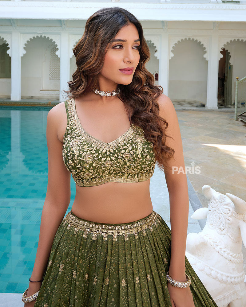 Mehendi Green Lehenga Choli with Exquisite Embroidered Zari Buti