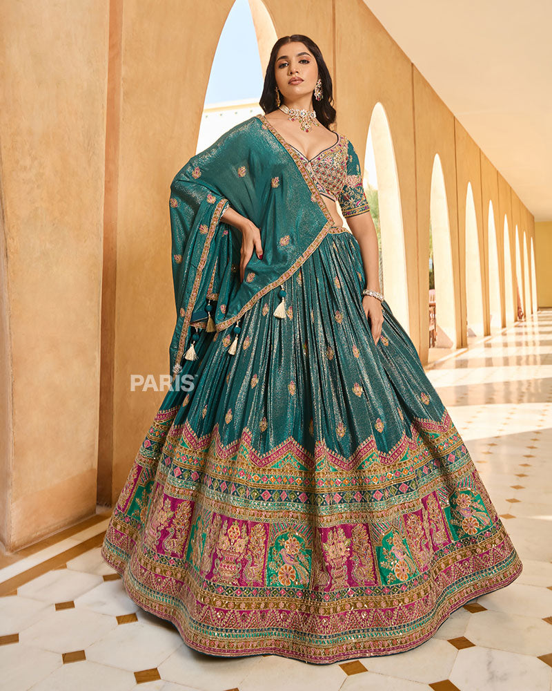 Teal Golden and Pink Embroidery Embellished Lehenga Choli with Matching Dupatta
