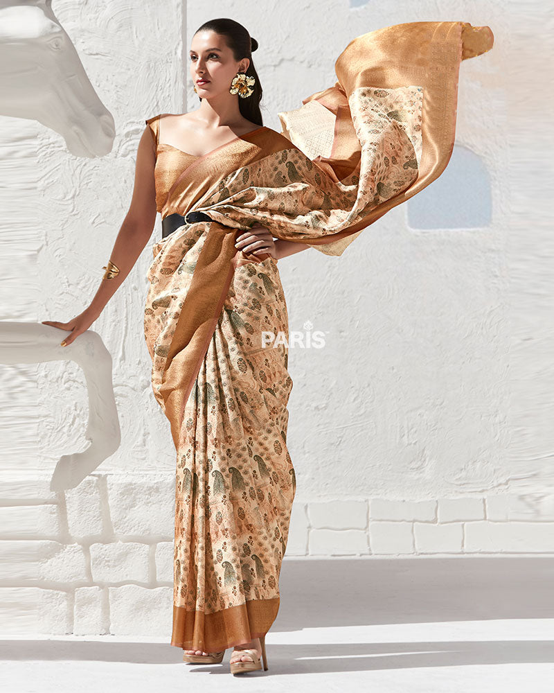Golden Floral-Print Light Beige Silk Saree with Unstitched Blouse
