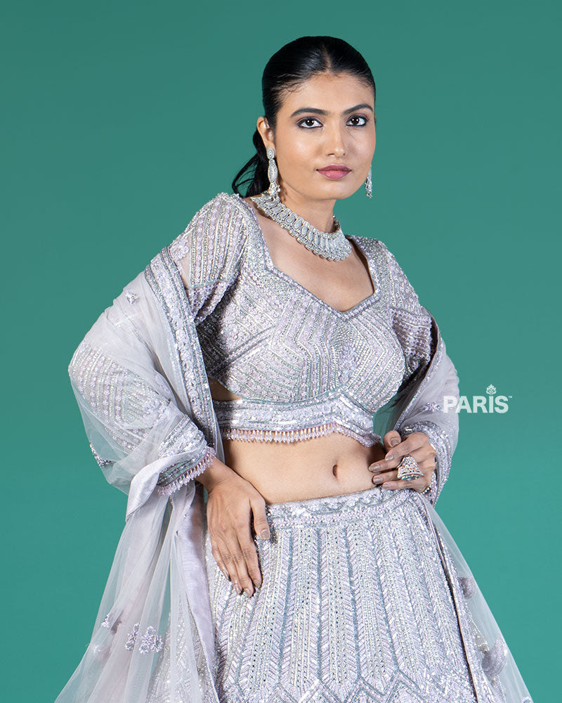 Lilac Silver Lehenga and Embroidered Choli with Matching Dupatta