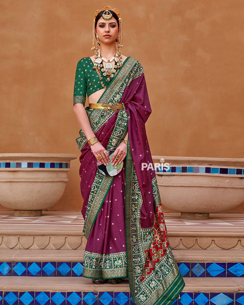 Mulberry Zari Weaving Green Border Saree in Patola Silk with Unstitched Blouse