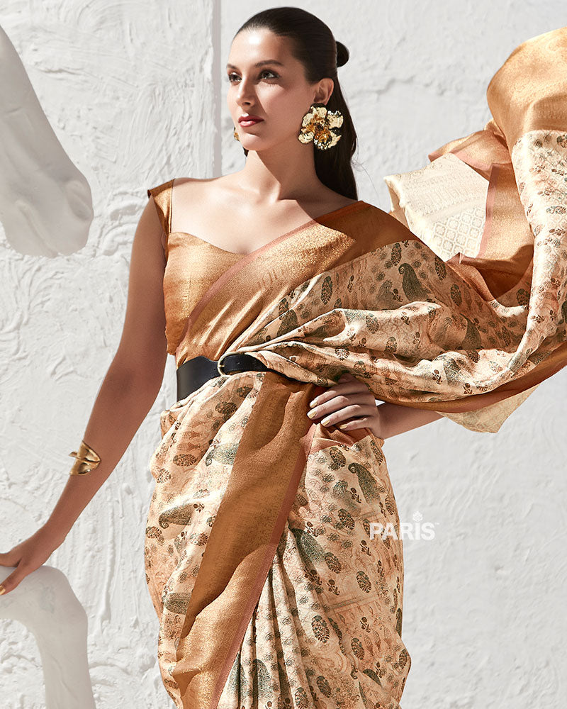 Golden Floral-Print Light Beige Silk Saree with Unstitched Blouse