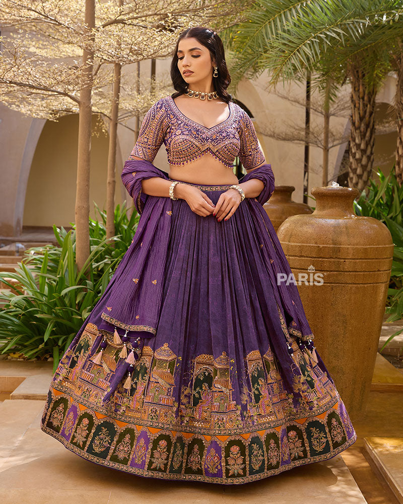 Purple Intricate Golden Embroidered Lehenga Choli with Matching Dupatta