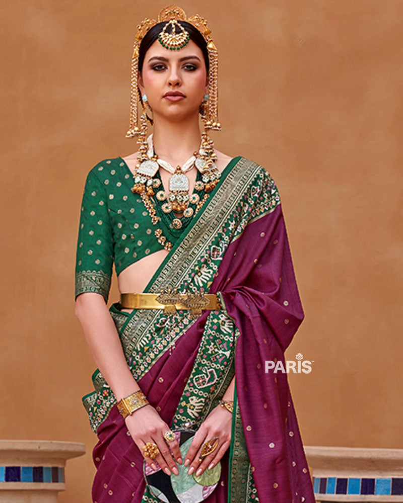 Mulberry Zari Weaving Green Border Saree in Patola Silk with Unstitched Blouse