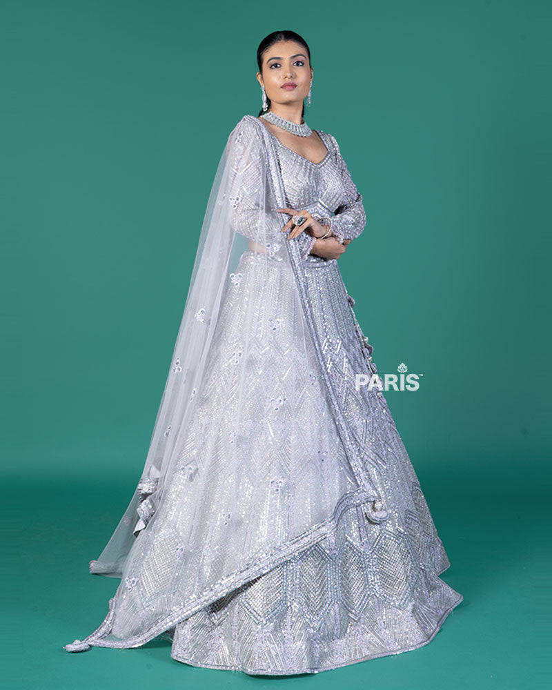 Lilac Silver Lehenga and Embroidered Choli with Matching Dupatta