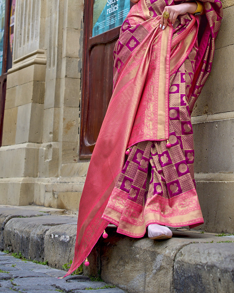 Wine  Pure Silk Saree With Border Art with Unstitched Blouse