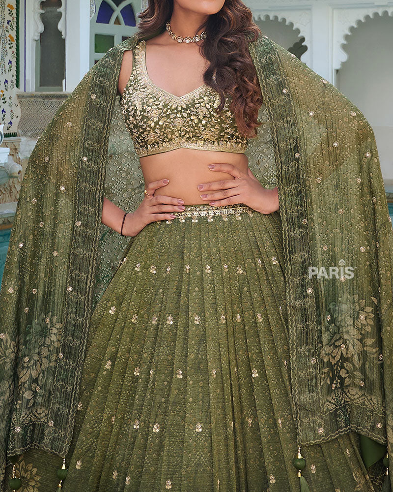 Mehendi Green Lehenga Choli with Exquisite Embroidered Zari Buti
