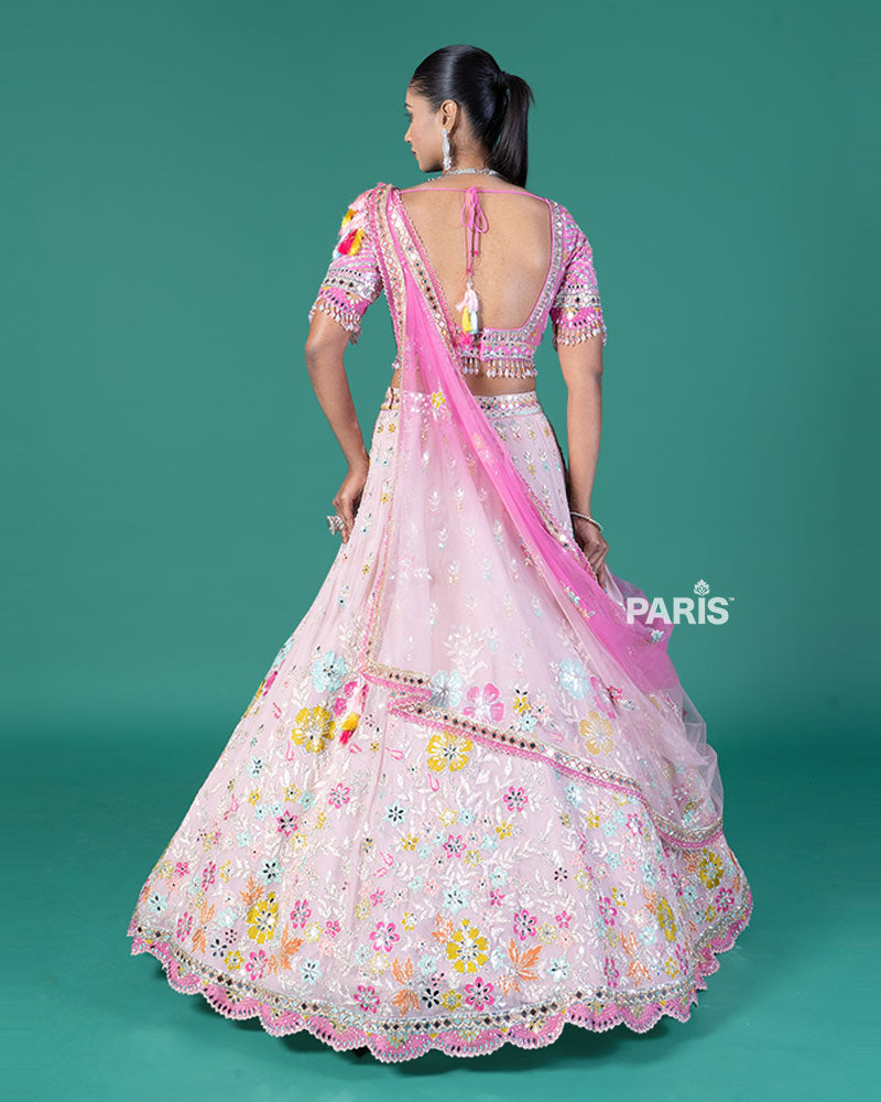 Light Pink Floral Embroidered Lehenga and Embellished Choli with Ombre Dupatta