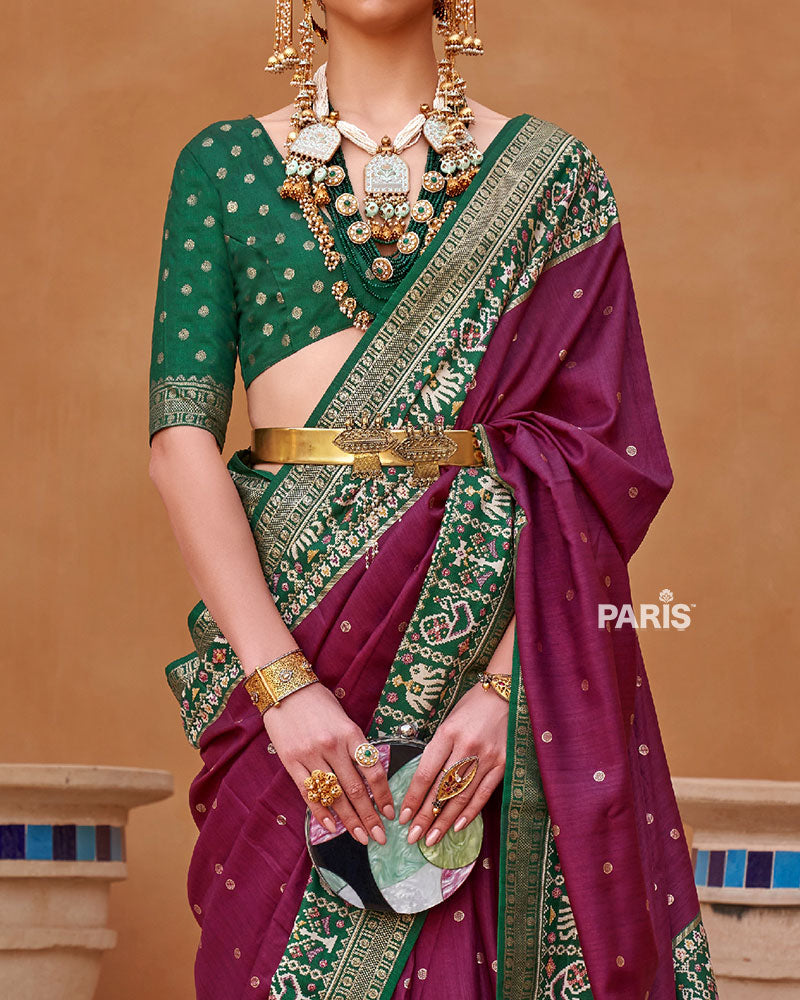 Mulberry Zari Weaving Green Border Saree in Patola Silk with Unstitched Blouse
