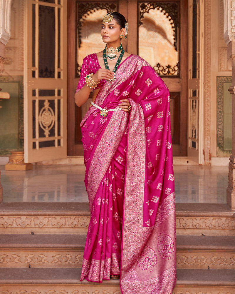 Bright Pink Foil Printed Silk Saree With Floral Printed Pallu and Tassel