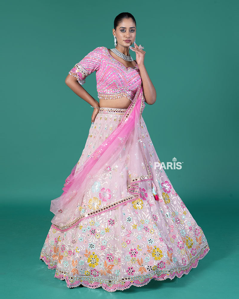 Light Pink Floral Embroidered Lehenga and Embellished Choli with Ombre Dupatta