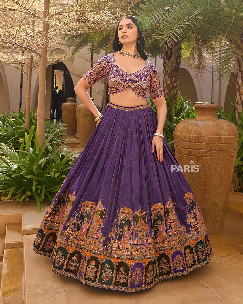 Purple Intricate Golden Embroidered Lehenga Choli with Matching Dupatta