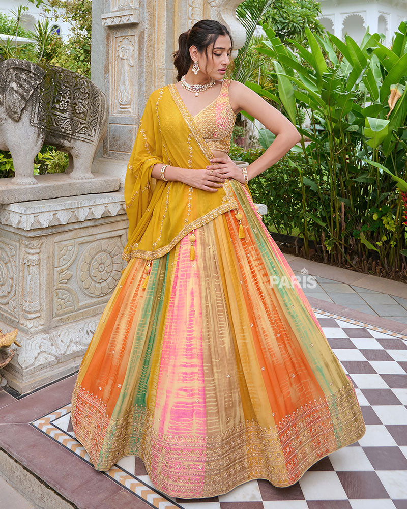 Multi-Color Embellished Lehenga Choli with Vibrant Yellow Dupatta