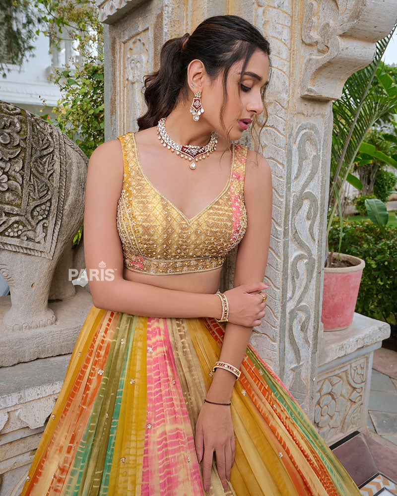 Multi-Color Embellished Lehenga Choli with Vibrant Yellow Dupatta