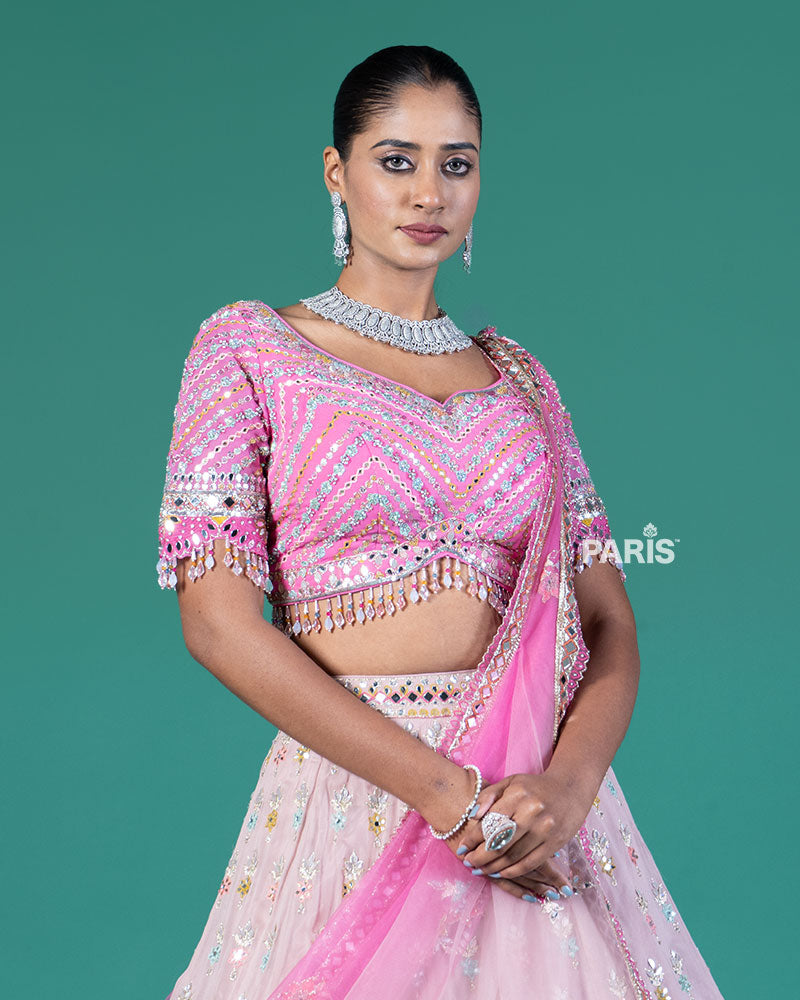 Light Pink Floral Embroidered Lehenga and Embellished Choli with Ombre Dupatta