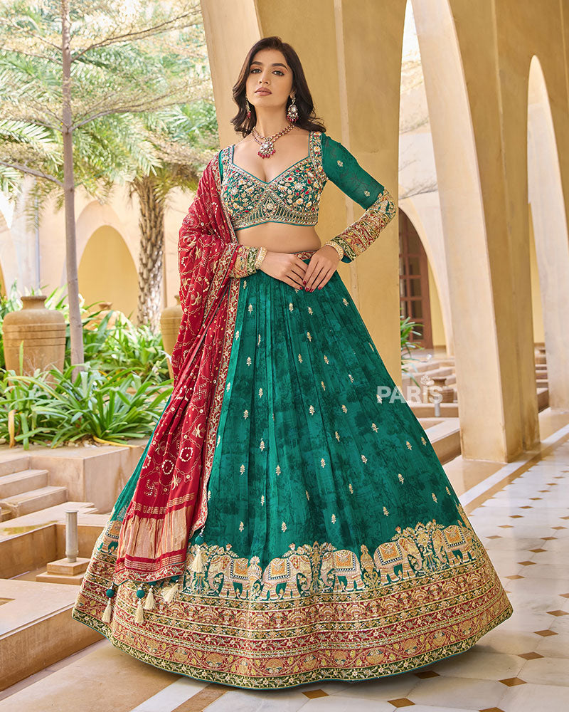 Dark Green Elephant Motif Intricate Embroidered Lehenga Choli with Maroon Dupatta