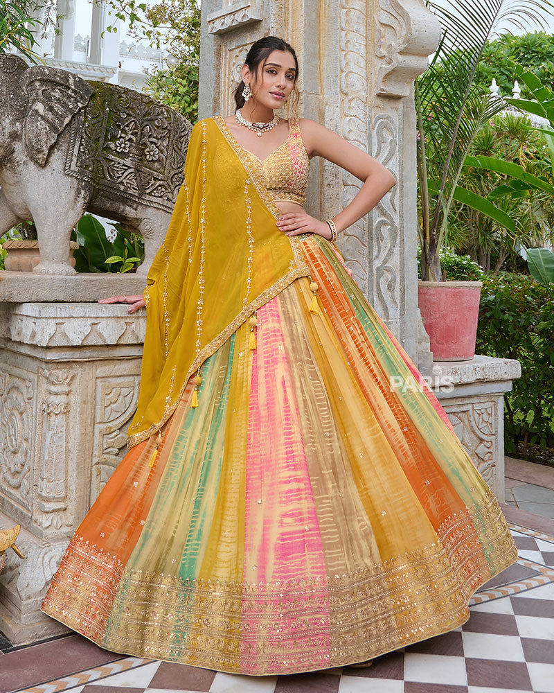 Multi-Color Embellished Lehenga Choli with Vibrant Yellow Dupatta