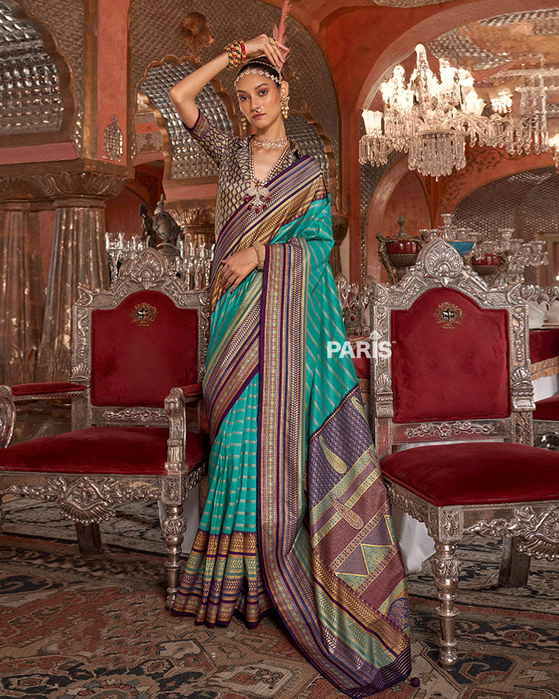Light Teal Kanjivaram Silk Saree with Unstitched Blouse