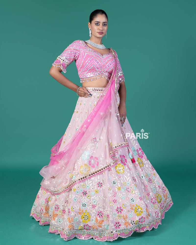 Light Pink Floral Embroidered Lehenga and Embellished Choli with Ombre Dupatta