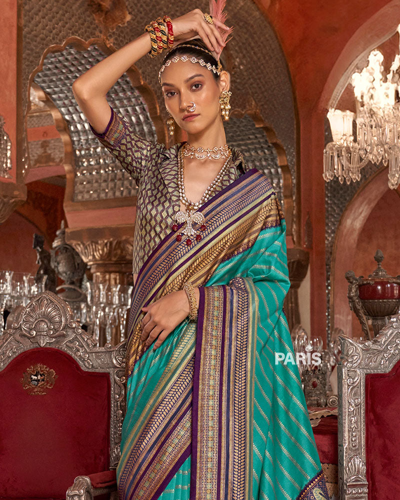 Light Teal Kanjivaram Silk Saree with Unstitched Blouse