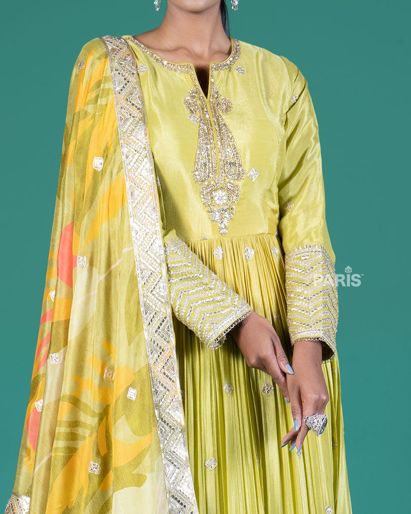 Lime Green Embellished Gown with Tropical Dupatta
