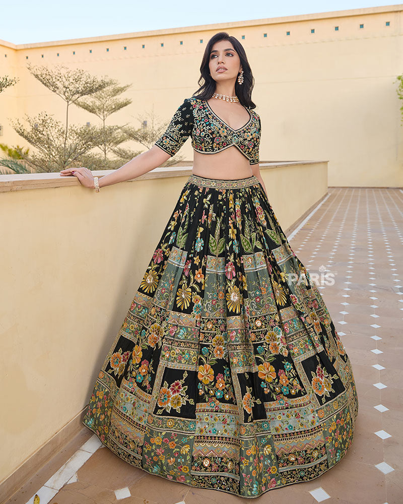 Black Colorful Floral Embroidered Lehenga Choli with Matching Dupatta